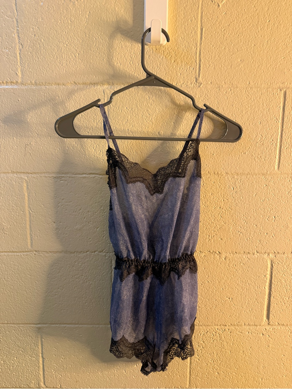 Savage X Fenty Blue Satin Romper With Black Lace Trim